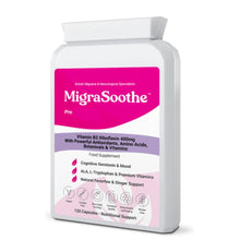 Load image into Gallery viewer, MigraSoothe Pro Version  (Migraine & Low Mood) B2 Riboflavin 400 Mg & Serotonin & Brain Boosters Migraine Relief Tryptophan, ALA Feverfew Ginger  B6, B12 Folic  | Tremors