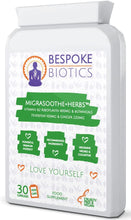 Load image into Gallery viewer, Migrasoothe + Herbs Migraine Relief Feverfew + Ginger + Vitamin B2 Riboflavin 400mg per Capsule NHS & Nice Recommended Ingredients UK Made Migraine Relief, Stress, Tremors & Energy Vegan. Vitamin B2 400 NEW