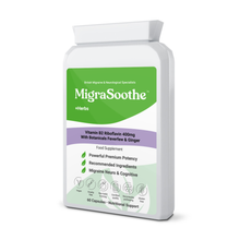 Load image into Gallery viewer, Migrasoothe + Herbs Migraine Relief Feverfew + Ginger + Vitamin B2 Riboflavin 400mg per Capsule NHS &amp; Nice Recommended Ingredients UK Made Migraine Relief, Stress, Tremors &amp; Energy Vegan. Vitamin B2 400 NEW