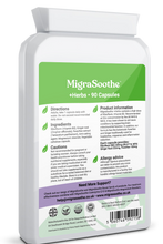 Load image into Gallery viewer, Migrasoothe + Herbs Migraine Relief Feverfew + Ginger + Vitamin B2 Riboflavin 400mg per Capsule NHS &amp; Nice Recommended Ingredients UK Made Migraine Relief, Stress, Tremors &amp; Energy Vegan. Vitamin B2 400 NEW