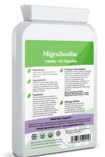 Load image into Gallery viewer, Migrasoothe + Herbs Migraine Relief Feverfew + Ginger + Vitamin B2 Riboflavin 400mg per Capsule NHS & Nice Recommended Ingredients UK Made Migraine Relief, Stress, Tremors & Energy Vegan. Vitamin B2 400 NEW