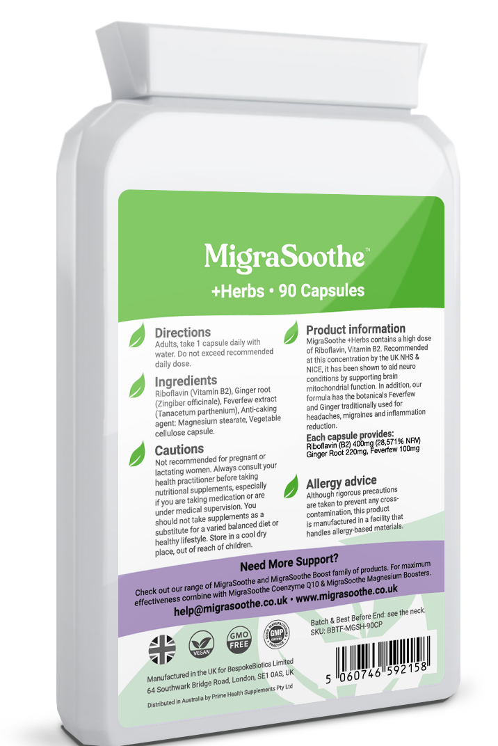 Migrasoothe + Herbs Migraine Relief Feverfew + Ginger + Vitamin B2 Rib Bespoke Biotics