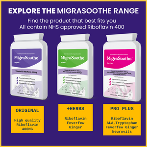 Migrasoothe + Herbs Migraine Relief Feverfew + Ginger + Vitamin B2 Riboflavin 400mg per Capsule NHS & Nice Recommended Ingredients UK Made Migraine Relief, Stress, Tremors & Energy Vegan. Vitamin B2 400 NEW