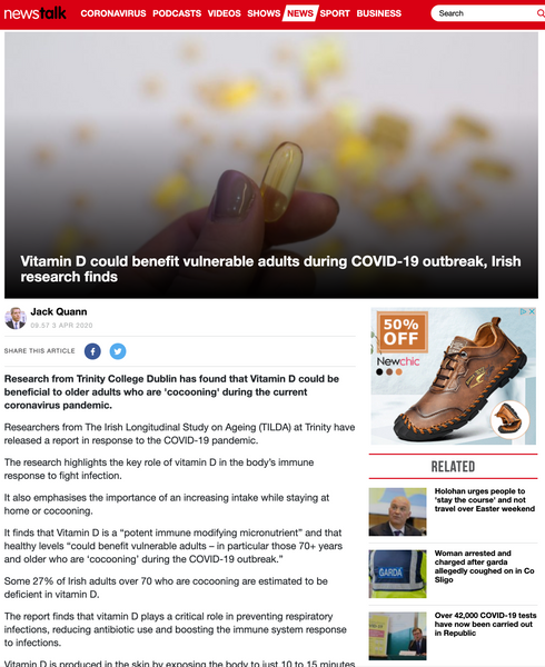 Vitamin D3 Prophylactic for Coronavirus Covid 19: Research from Trinity College Dublin has found that Vitamin D could is a protector in the pandemic..