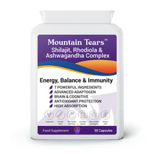 Load image into Gallery viewer, Mountain Tears Shilajit, Ashwagandha &amp; Rhodiola Complex - 90 High Potency Vegan Capsules | Himalayan Adaptogen Blend for Energy, Immunity, Stress Relief &amp; Mental Clarity | UK Made