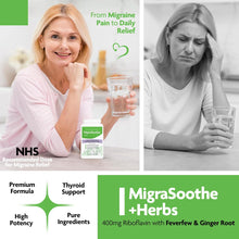 Load image into Gallery viewer, Migrasoothe + Herbs Migraine Relief Feverfew + Ginger + Vitamin B2 Riboflavin 400mg per Capsule NHS &amp; Nice Recommended Ingredients UK Made Migraine Relief, Stress, Tremors &amp; Energy Vegan. Vitamin B2 400 NEW