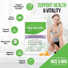 Load image into Gallery viewer, Migrasoothe + Herbs Migraine Relief Feverfew + Ginger + Vitamin B2 Riboflavin 400mg per Capsule NHS &amp; Nice Recommended Ingredients UK Made Migraine Relief, Stress, Tremors &amp; Energy Vegan. Vitamin B2 400 NEW