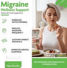 Load image into Gallery viewer, Migrasoothe + Herbs Migraine Relief Feverfew + Ginger + Vitamin B2 Riboflavin 400mg per Capsule NHS &amp; Nice Recommended Ingredients UK Made Migraine Relief, Stress, Tremors &amp; Energy Vegan. Vitamin B2 400 NEW