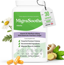 Load image into Gallery viewer, Migrasoothe + Herbs Migraine Relief Feverfew + Ginger + Vitamin B2 Riboflavin 400mg per Capsule NHS &amp; Nice Recommended Ingredients UK Made Migraine Relief, Stress, Tremors &amp; Energy Vegan. Vitamin B2 400 NEW