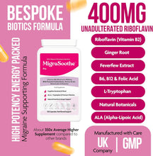 Load image into Gallery viewer, MigraSoothe Pro Version  (Migraine &amp; Low Mood) B2 Riboflavin 400 Mg &amp; Serotonin &amp; Brain Boosters Migraine Relief Tryptophan, ALA Feverfew Ginger  B6, B12 Folic  | Tremors