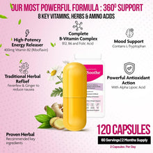 Load image into Gallery viewer, MigraSoothe Pro Version  (Migraine &amp; Low Mood) B2 Riboflavin 400 Mg &amp; Serotonin &amp; Brain Boosters Migraine Relief Tryptophan, ALA Feverfew Ginger  B6, B12 Folic  | Tremors