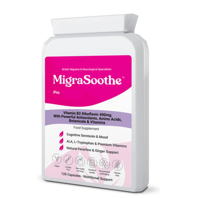 MigraSoothe Pro Version  (Migraine & Low Mood) B2 Riboflavin 400 Mg & Serotonin & Brain Boosters Migraine Relief Tryptophan, ALA Feverfew Ginger  B6, B12 Folic  | Tremors