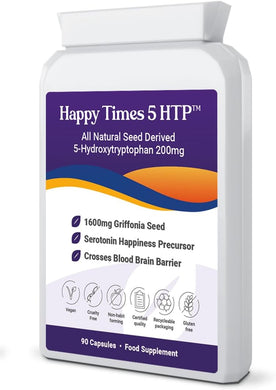 Happy Times 5 HTP 200 mg (5-Hydroxytryptophan) Maßgeschneiderte Biotics 90 Kapseln