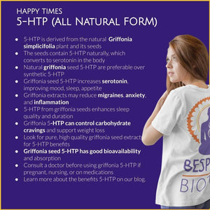 Happy Times 5 HTP 200 mg (5-Hydroxytryptophan) Maßgeschneiderte Biotics 90 Kapseln