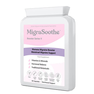 MigraSoothe Booster Series V - Advanced Menstrual Migraine Support Formula with Essential Vitamins, Minerals & Botanicals - Promotes Hormonal Balance & Wellness - Vegan Friendly, Made in the UK, 60 Capsules