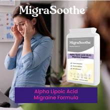Carregar imagem no visualizador da galeria, woman struggling using Woam Yoga Pose of MigraSoothe Booster Series VI capsules containing Alpha Lipoic Acid, designed for migraine relief.