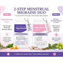 Carica l'immagine nel visualizzatore di Gallery, Menstrual Migraine Duo, 30 Day Supply, Vitamin B2 400mg + Women’s Botanical Support, Sage Rosemary Panax Ginseng, 3 Vitamins 3 Minerals 8 Botanicals (Migrasoothe Original)