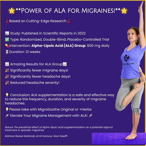 Woam Yoga Pose  of MigraSoothe Booster Series VI capsules containing Alpha Lipoic Acid, designed for migraine relief.