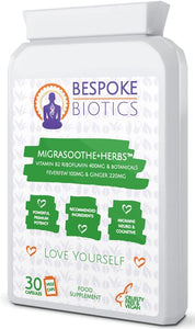 Migrasoothe + Herbs Migraine Relief Feverfew + Ginger + Vitamin B2 Riboflavin 400mg per Capsule NHS & Nice Recommended Ingredients UK Made Migraine Relief, Stress, Tremors & Energy Vegan. Vitamin B2 400 NEW