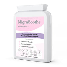 Load image into Gallery viewer, MigraSoothe Booster Series V - Advanced Menstrual Migraine Support Formula with Essential Vitamins, Minerals &amp; Botanicals - Promotes Hormonal Balance &amp; Wellness - Vegan Friendly, Made in the UK, 60 Capsules