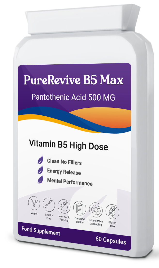 PureRevive High-Potency Vitamin B5 500mg - Advanced Pantothenic Acid Formula for Enhanced Metabolism, Skin & Joint Support | Non-GMO, Gluten-Free | Made in UK |