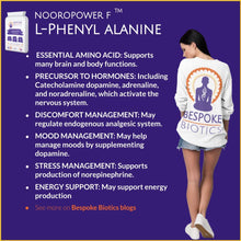 Carregar imagem no visualizador da galeria, An image of a woman with a bespoke biotic stop showing n pack of supplements, exclusively made in the UK by Bespoke Biotics, including L-Tyrosine, Rosemary, and L-Phenylalanine, which may help support thyroid function, seratonin booster immune function, and skin health.