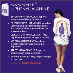 An image of a woman with a bespoke biotic stop showing n pack of supplements, exclusively made in the UK by Bespoke Biotics, including L-Tyrosine, Rosemary, and L-Phenylalanine, which may help support thyroid function, seratonin booster immune function, and skin health.
