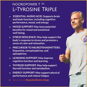 A photo of a man running showing Athletic performance  pack of supplements including L-Tyrosine, Rosemary, and L-Phenylalanine, exclusively made in the UK by Bespoke Biotics, which can help boost cognitive function, mood, and energy levels.