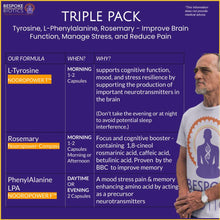 Carregar imagem no visualizador da galeria, a table of doses for An image of a triple pack of supplements made exclusively in the UK by Bespoke Biotics, including L-Tyrosine, Rosemary, and L-Phenylalanine, which may help improve cognitive function, mood, and energy levels