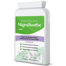 Load image into Gallery viewer, Migrasoothe + Herbs Migraine Relief Feverfew + Ginger + Vitamin B2 Riboflavin 400mg per Capsule NHS &amp; Nice Recommended Ingredients UK Made Migraine Relief, Stress, Tremors &amp; Energy Vegan. Vitamin B2 400 NEW