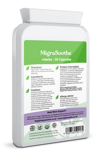 Migrasoothe + Herbs Migraine Relief Feverfew + Ginger + Vitamin B2 Riboflavin 400mg per Capsule NHS & Nice Recommended Ingredients UK Made Migraine Relief, Stress, Tremors & Energy Vegan. Vitamin B2 400 NEW