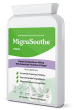 Load image into Gallery viewer, Migrasoothe + Herbs Migraine Relief Feverfew + Ginger + Vitamin B2 Riboflavin 400mg per Capsule NHS &amp; Nice Recommended Ingredients UK Made Migraine Relief, Stress, Tremors &amp; Energy Vegan. Vitamin B2 400 NEW