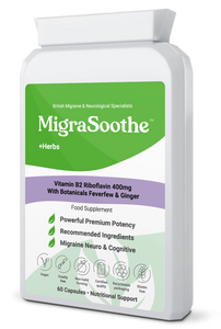 Migrasoothe + Herbs Migraine Relief Feverfew + Ginger + Vitamin B2 Riboflavin 400mg per Capsule NHS & Nice Recommended Ingredients UK Made Migraine Relief, Stress, Tremors & Energy Vegan. Vitamin B2 400 NEW