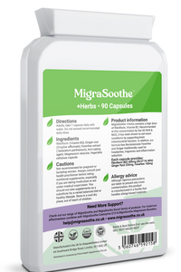 Migrasoothe + Herbs Migraine Relief Feverfew + Ginger + Vitamin B2 Riboflavin 400mg per Capsule NHS & Nice Recommended Ingredients UK Made Migraine Relief, Stress, Tremors & Energy Vegan. Vitamin B2 400 NEW