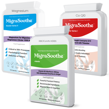 Load image into Gallery viewer, MigraSoothe + Herbs Migraine Triple Pack - Riboflavin, Magnesium &amp; CoQ10 Stack UK Made