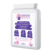 Load image into Gallery viewer, Femsoothe period and menopause support. Hormonal balance Flaxseed rosemary ginseng hops zinc calcium magnesium vitamin B6