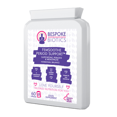 Femsoothe period and menopause support. Hormonal balance Flaxseed rosemary ginseng hops zinc calcium magnesium vitamin B6
