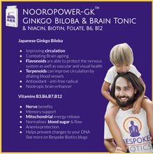 Load image into Gallery viewer, Ginkgo Biloba from Japan plus B+ Supplements B1, B3, B5, B6, B7, B12 Nooropower GK 90 Caps High Strength Vegan + Vitamin B