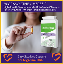 Cargar imagen en el visor de la galería, Migrasoothe + Herbs Migraine Relief Feverfew + Ginger + Vitamin B2 Riboflavin 400mg per Capsule NHS &amp; Nice Recommended Ingredients UK Made Migraine Relief, Stress, Tremors &amp; Energy Vegan. Vitamin B2 400 NEW