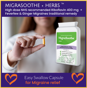 Migrasoothe + Herbs Migraine Relief Feverfew + Ginger + Vitamin B2 Riboflavin 400mg per Capsule NHS & Nice Recommended Ingredients UK Made Migraine Relief, Stress, Tremors & Energy Vegan. Vitamin B2 400 NEW