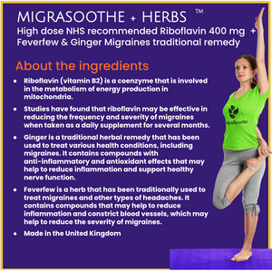 Migrasoothe + Herbs Migraine Relief Feverfew + Ginger + Vitamin B2 Riboflavin 400mg per Capsule NHS & Nice Recommended Ingredients UK Made Migraine Relief, Stress, Tremors & Energy Vegan. Vitamin B2 400 NEW