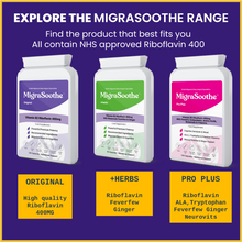 Cargar imagen en el visor de la galería, Migrasoothe + Herbs Migraine Relief Feverfew + Ginger + Vitamin B2 Riboflavin 400mg per Capsule NHS &amp; Nice Recommended Ingredients UK Made Migraine Relief, Stress, Tremors &amp; Energy Vegan. Vitamin B2 400 NEW